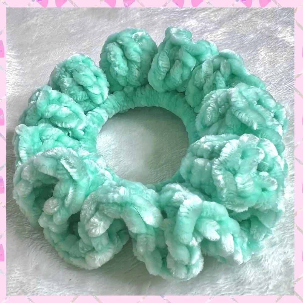 Handmade VELVET Crochet Hair Scrunchie Mint Green Soft Hair Tie PinkRainCloud